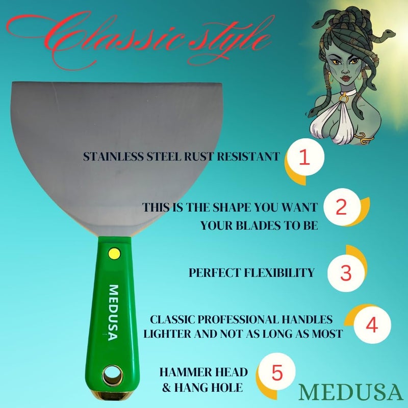 MEDUSA 's Flexible Stainless Steel Drywall Taping Knife Set with 12" Mud Pan and Grip: Classic Style Light Weight Handles with Strong Flexible Blades for Professional and beginner friendly Finishers - Image 3